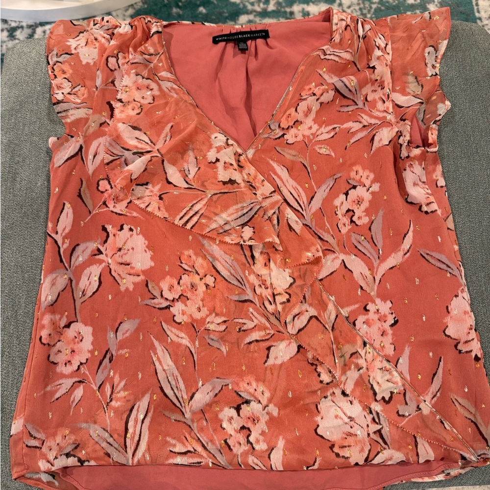 White House Black Market Pink Wrap Ruffled Blouse